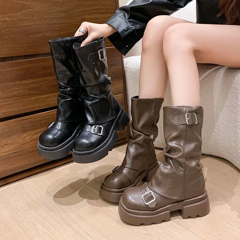 Sewing Zipper - Women Shoes Autumn Brown Retro Mid-Calf