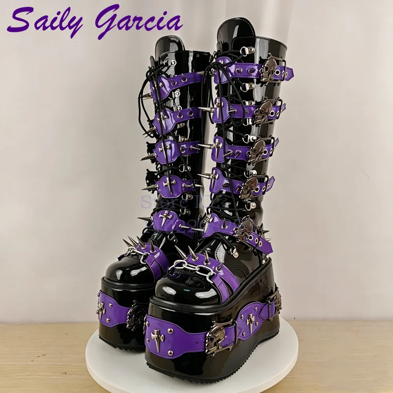 Skull Rivet Punk Knee-high Boo - Sewing Zipper ulasan dan harga
